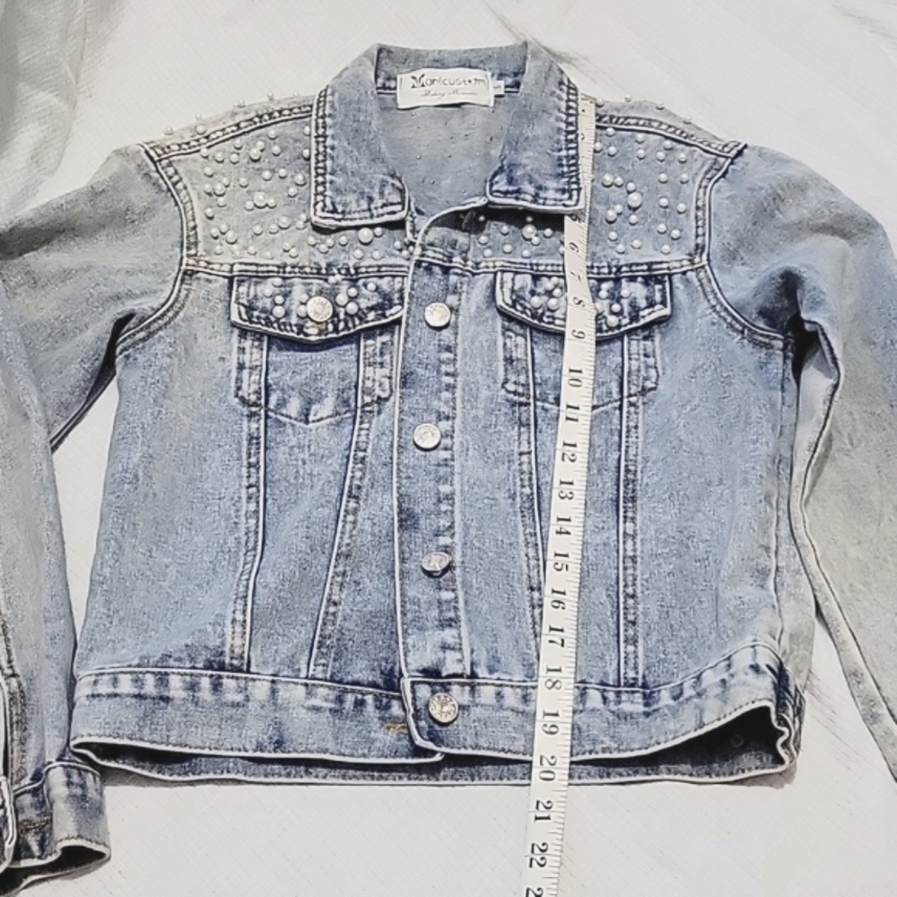 Monicustom Pearl Embellished Blue Denim Jacket Heather on Back Small - Picture 6 of 8